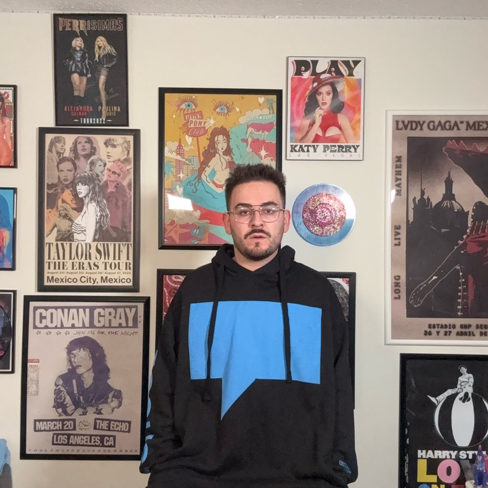 Oversized Men's Black and Blue Graphic Hoodie